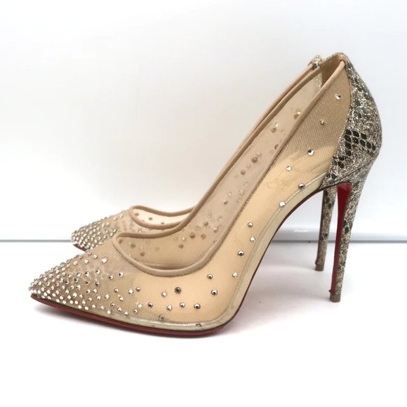 Christian Louboutin Follies Strass 100 Pumps Nude Mesh & Gold Glitter Size 37 - Picture 5 of 12